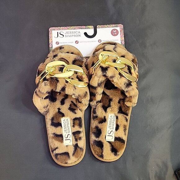 NEW JESSICA SIMPSON WOMEN'S FAUX FUR CHAIN LINK EMBELLISHED SLIDE SLIPPERS - Picture 2 of 12
